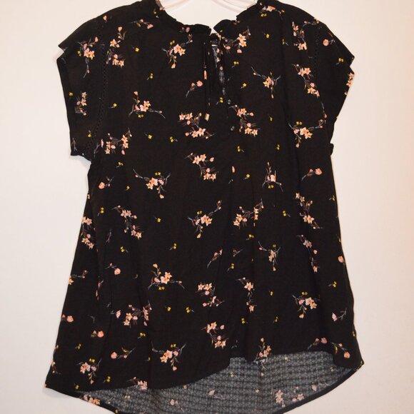 BUFFALO David Bitton Black-Cream Floral Prints Tie-Neck Laces-Ruffles Blouse S - Picture 1 of 7